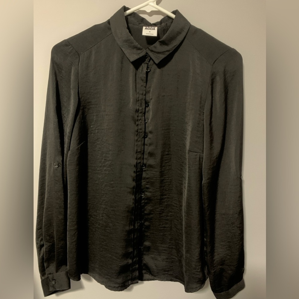 Black satin effect Button-Up Blouse , Long Sleeve , Classic Essential